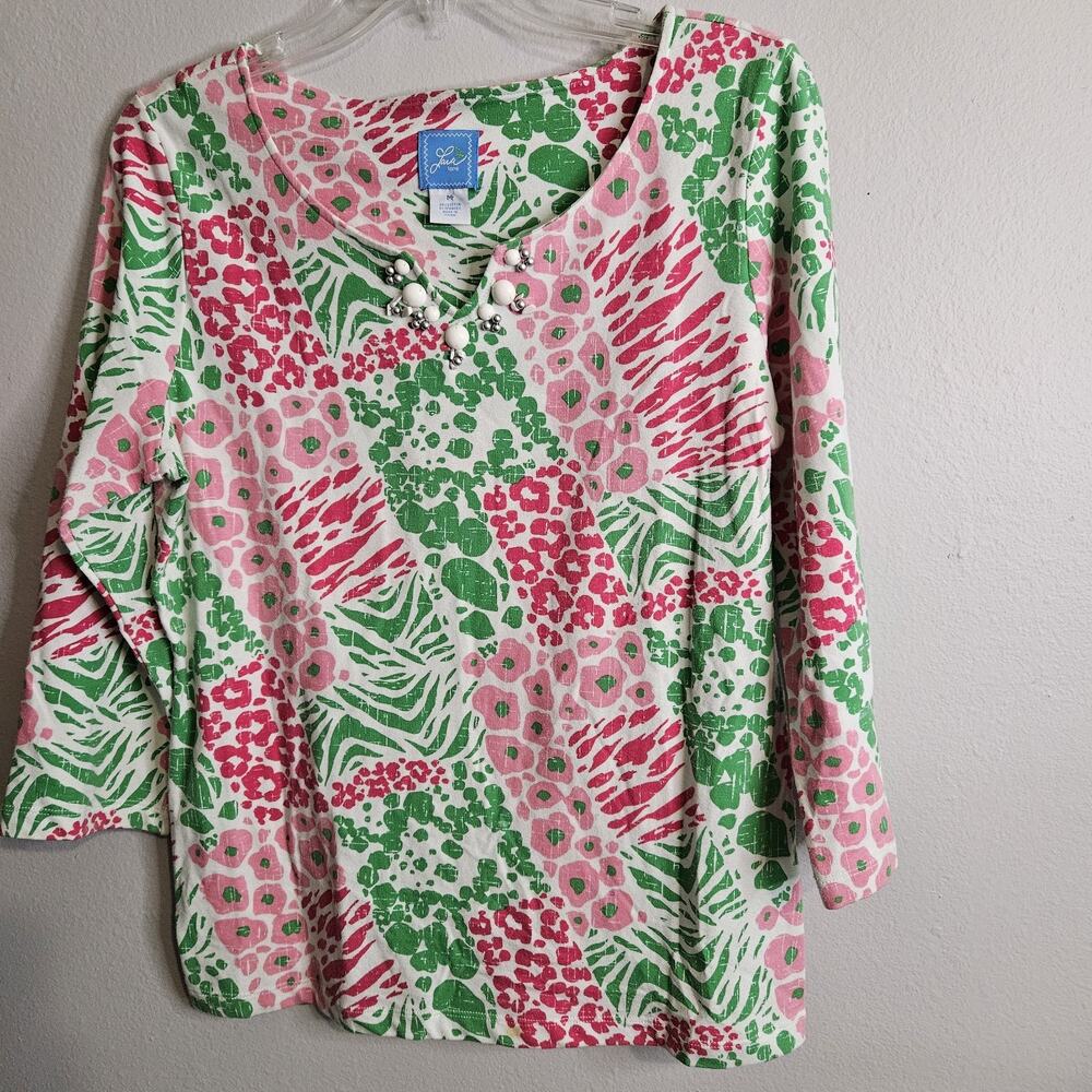 Lara Lane Pink Green White Print 3/4 Sleeve Rd Notched Neck Beaded Knit Top M